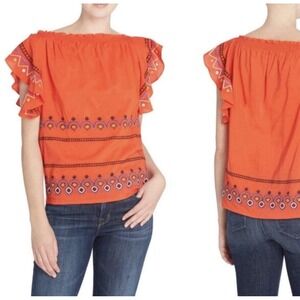 For The Republic Orange Boho Embroidered Short Sleeve Top Large Aztec Flowy NWT